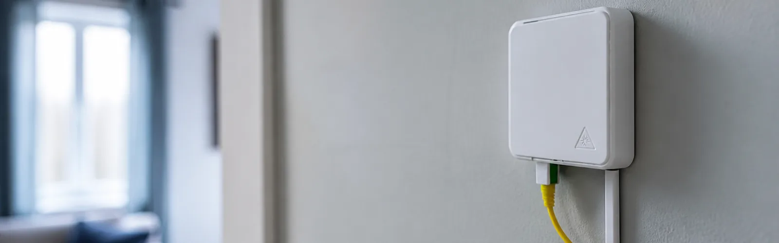 A white fibre termination box on a home wall with a patch cable, lounge softly blurred behind